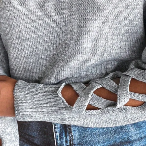 Gray Knit Criss Cross Straps Cut Out Sleeve Sweater Pullover - Picture 8 of 11